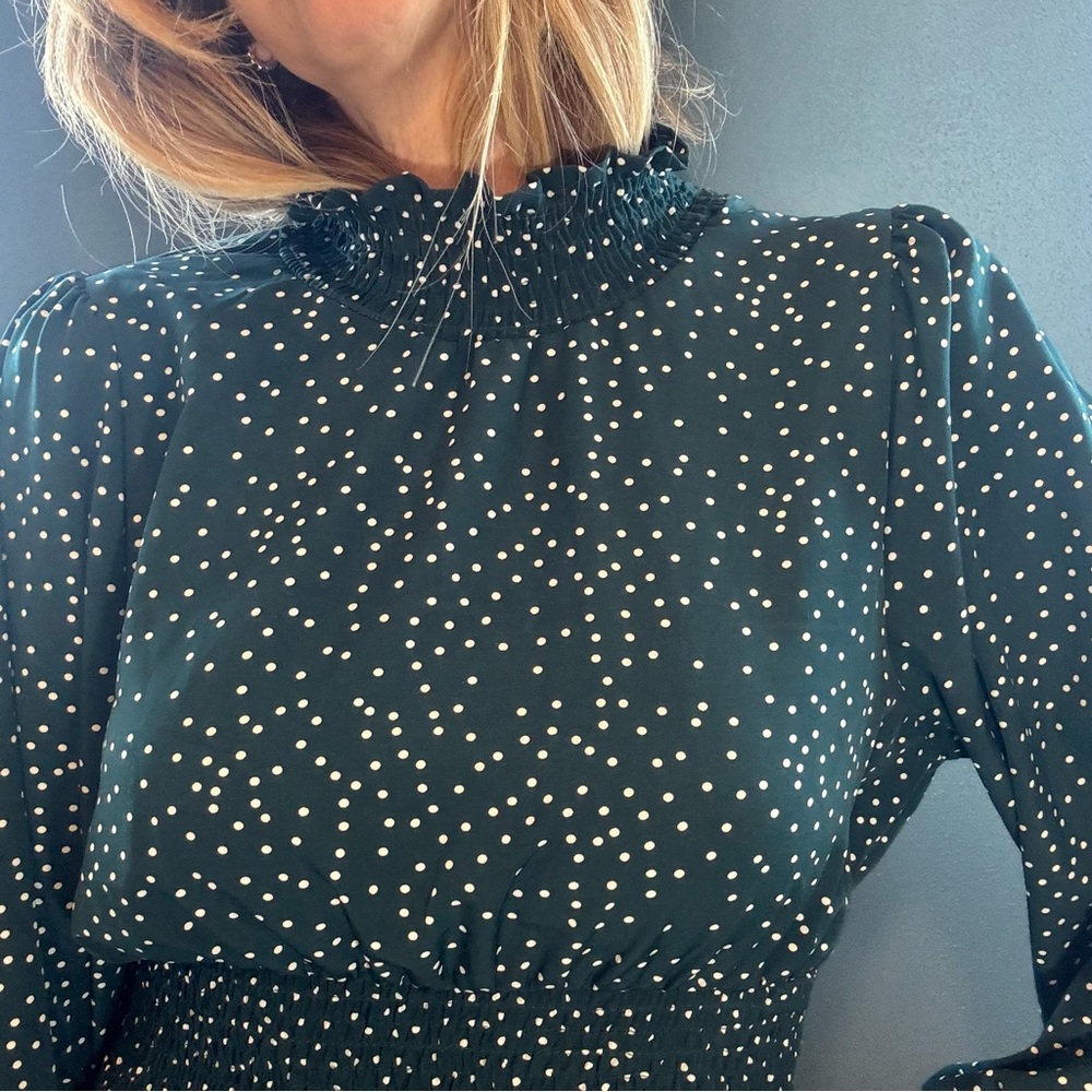 Green & White Long Sleeve High Neck Polka Dot Dress Size Large - Picture 7 of 12